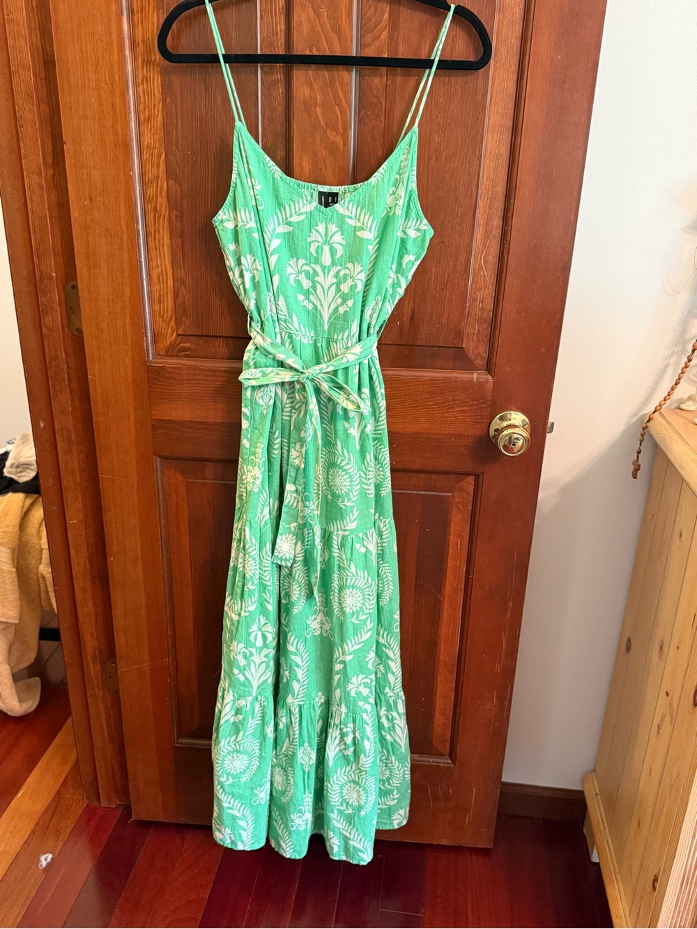 Green Floral Print Maxi Dress with Tie Waist